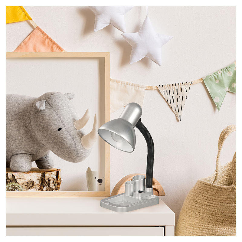 Silver Desk Lamp with Pencil Holder, 1 Light E27 (Bulb sold separately)