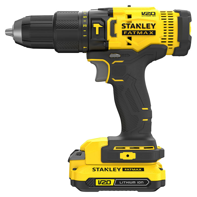 Taladro percutor inalámbrico 1/2" 20 V stanley + 2 baterías + cargador