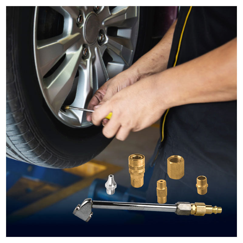 Pneumatic accessory kit for cleaning, inflating, and gauging