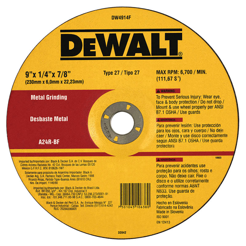 DeWalt 9" x 1/4" Type 27 Metal Grinding Disc