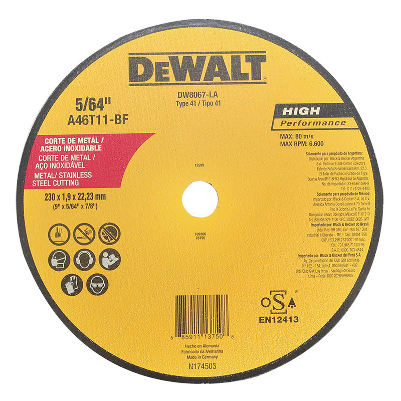 Disco de corte para metal y acero inoxidable 7/8" espesor 1,9 grano A46T11 tipo 1 DeWalt