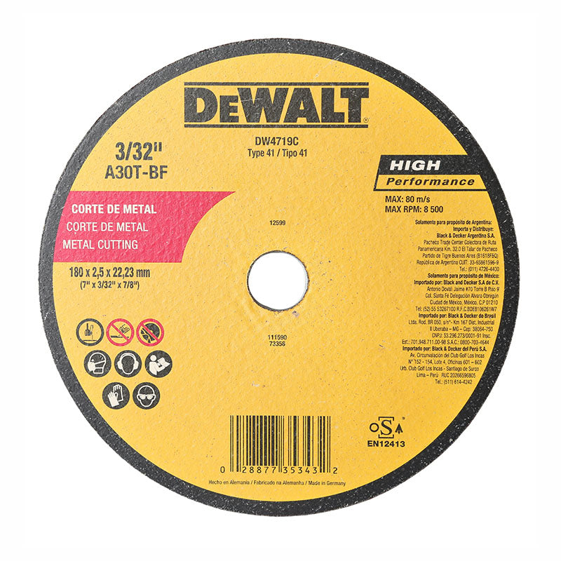 Disco de corte metal 7/8" espesor 2,5 grano A24R tipo 27 DeWalt