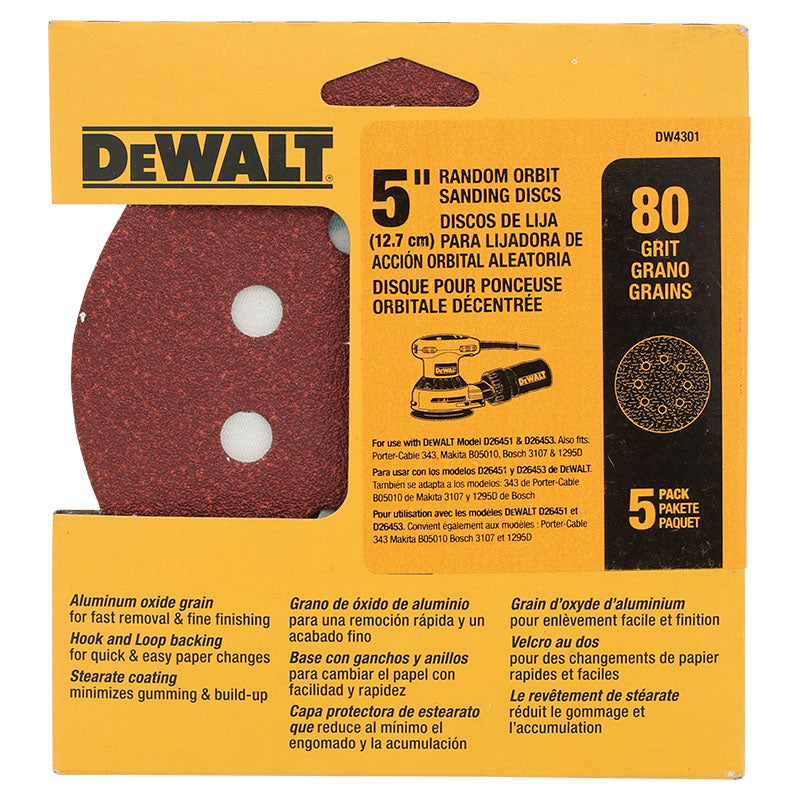 Set 5 discos de lija 5" grano 80 DeWalt