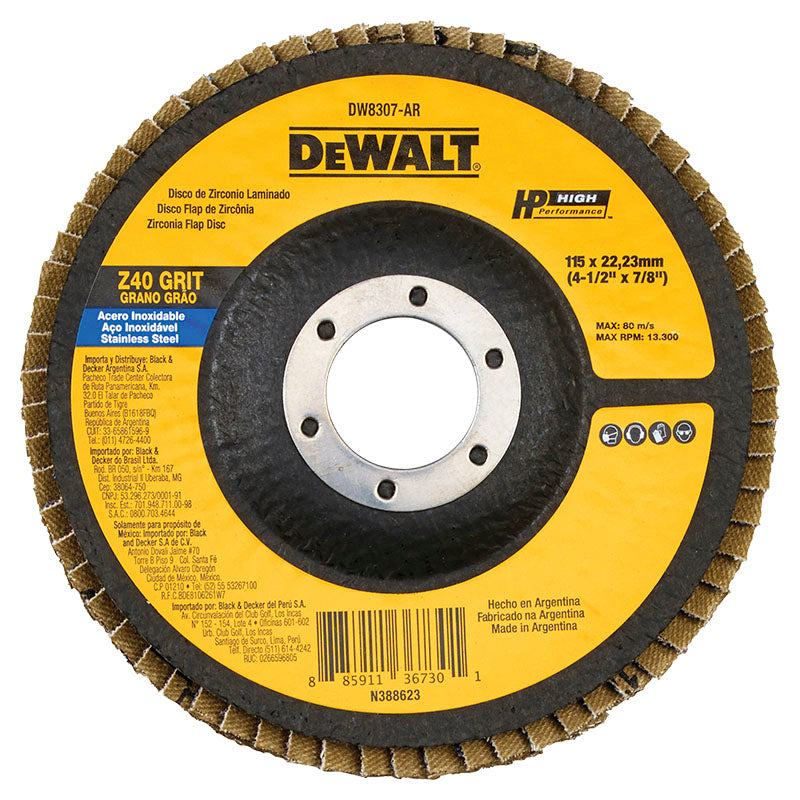 DeWalt 4-1/2" Z40 Zirconia Flap Disc for Stainless Steel