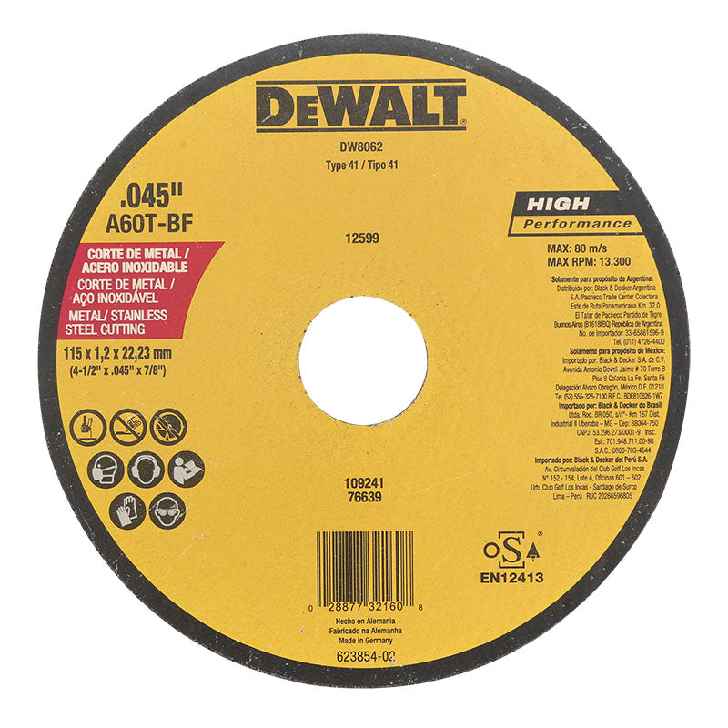 Disco de corte para metal y acero inoxidable 7/8" espesor 1,2 grano A60T tipo 1 DeWalt