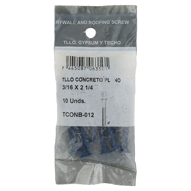 Tornillo para concreto cabeza plana 3/16" x 2 1/4" 10 uds