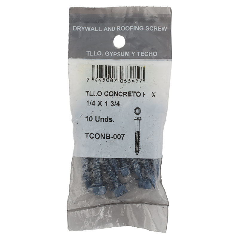 Tornillo para concreto cabeza plana 1/4" x 1 3/4" 10 uds