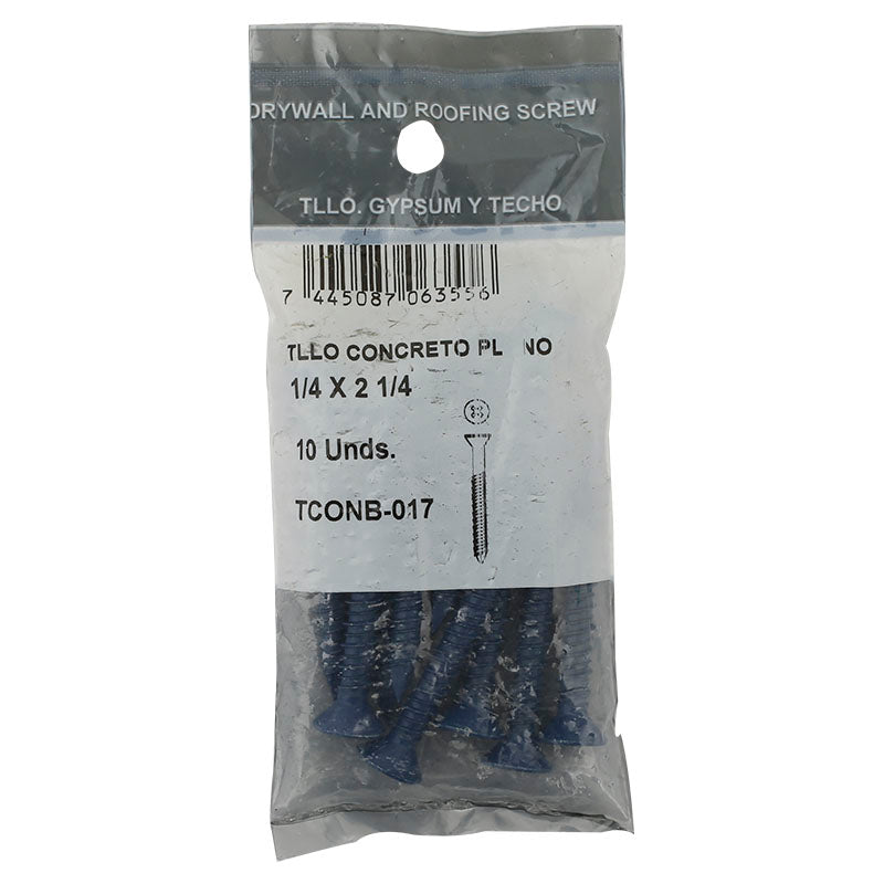 Tornillo para concreto cabeza plana 1/4" x 2 1/4" 10 uds