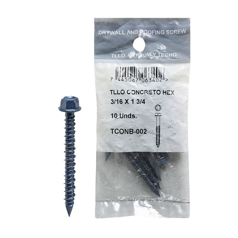 Tornillo para concreto hexagonal 3/16 x 1 3/4 pulgadas, 10 unidades