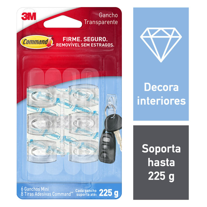 Mini gancho plástico transparente fácil colocación soporta 225 g 6 uds