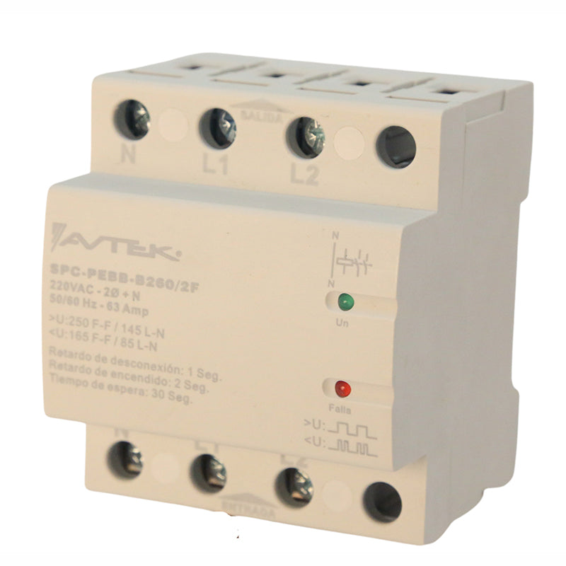Protector de voltaje bifásico 13 kW 63 A 92 J 220 V Avtek
