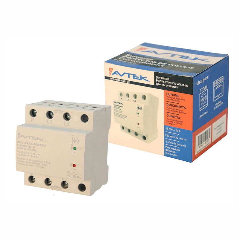 Protector de voltaje bifásico 13 kW 63 A 92 J 220 V Avtek