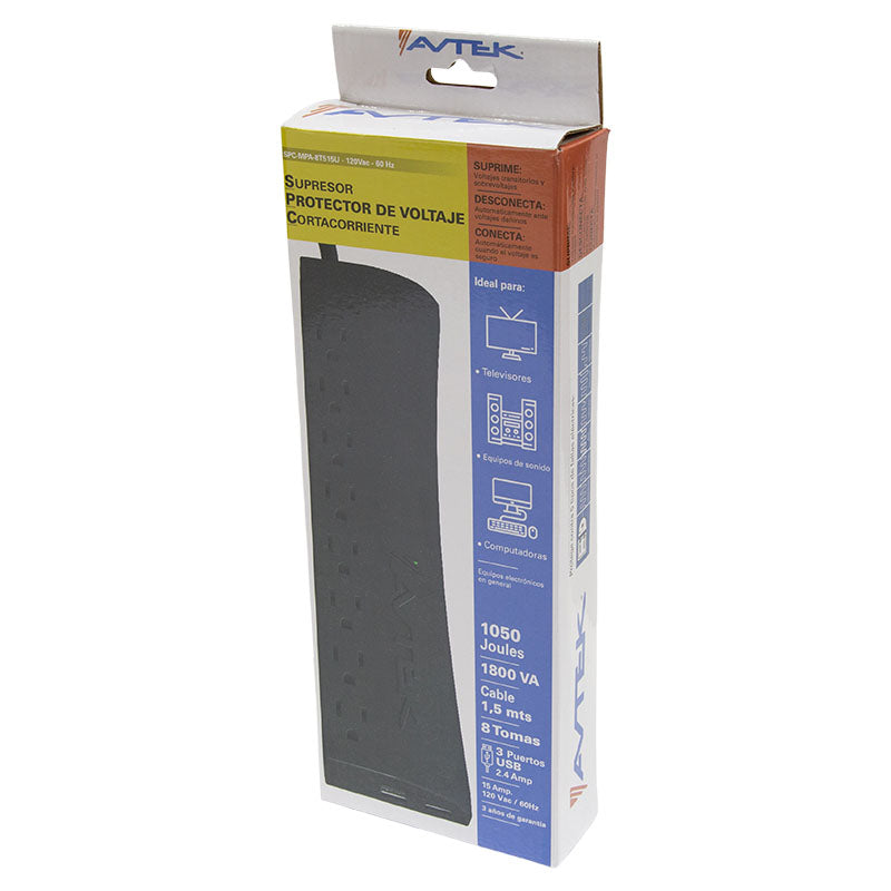 Multiprotector de voltaje 8 tomas + puerto USB 1.800 VA 15 A 1.050 j 120 v 60 Hz