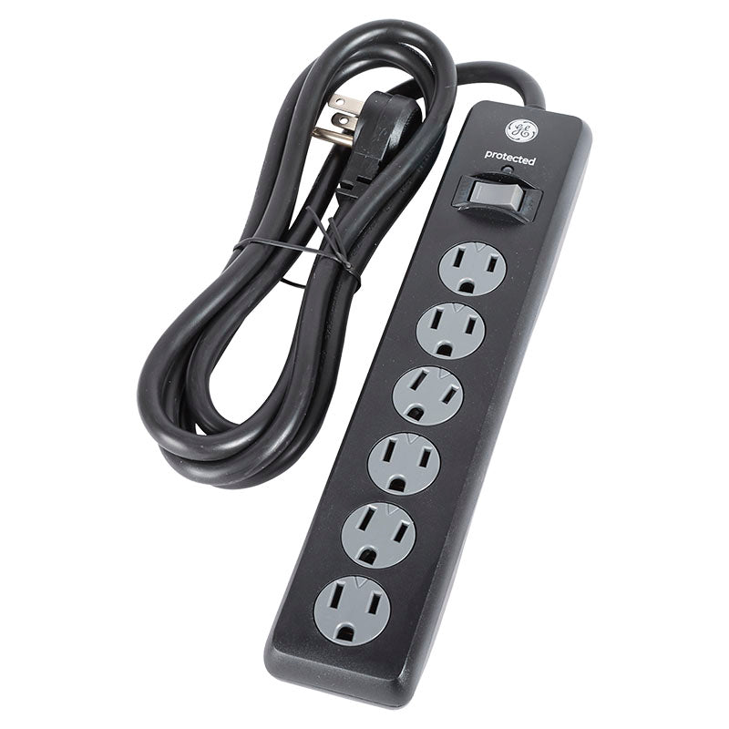 Black 6-outlet power strip with switch, 800J surge protection, and 1.8m cord