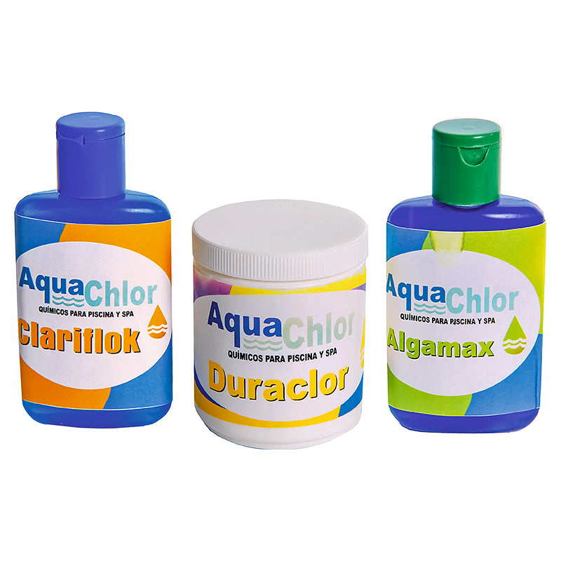 Pool maintenance kit includes chlorine, Clarifok, and Algamax