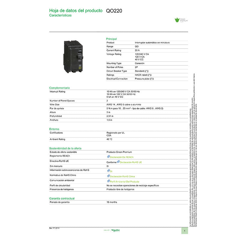 Breaker de enchufar 2 x 20 A QO Square D