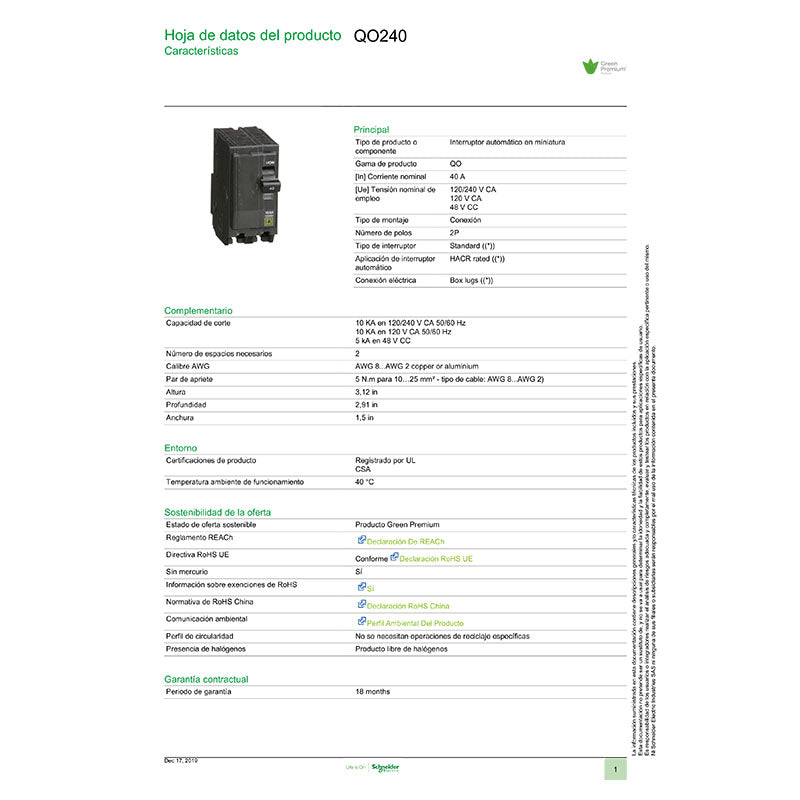 Breaker de enchufar 2 x 40 A QO Square D