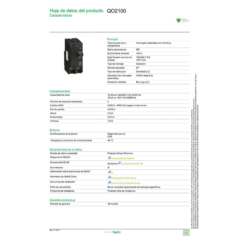 Breaker de enchufar 2 x 100 A QO Square D