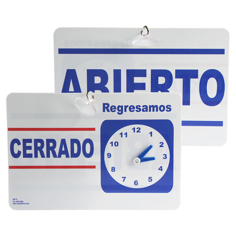 Rótulo: "Abierto - cerrado" con reloj 23 x 15 cm