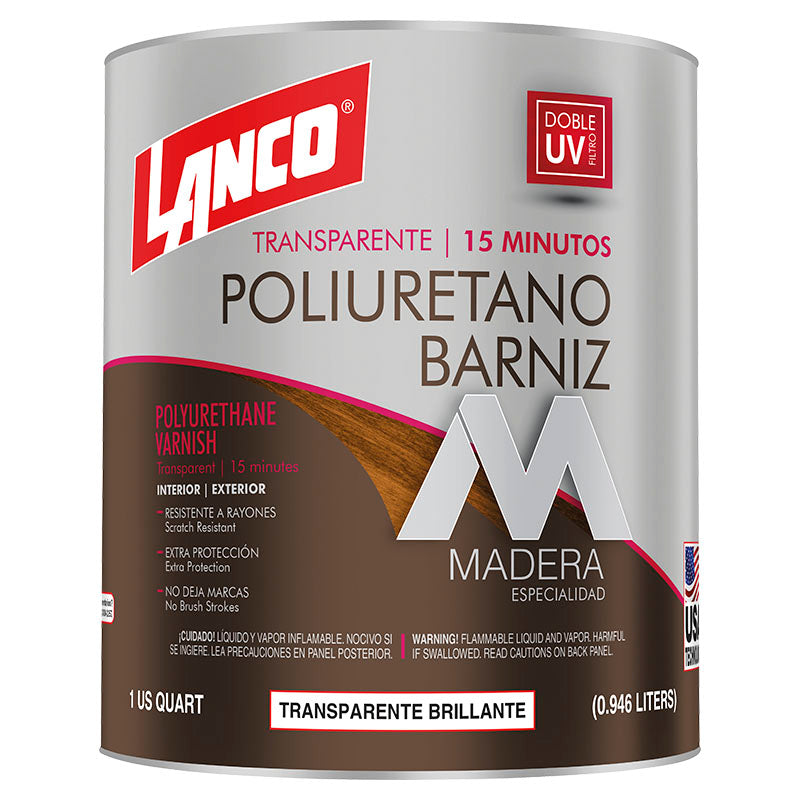 Barniz poliuretano secado 15 minutos transparente brillante 1/4 gal Lanco