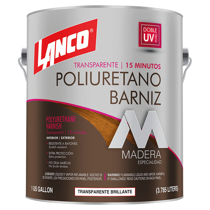 Barniz poliuretano secado 15 minutos transparente brillante 1 gal Lanco