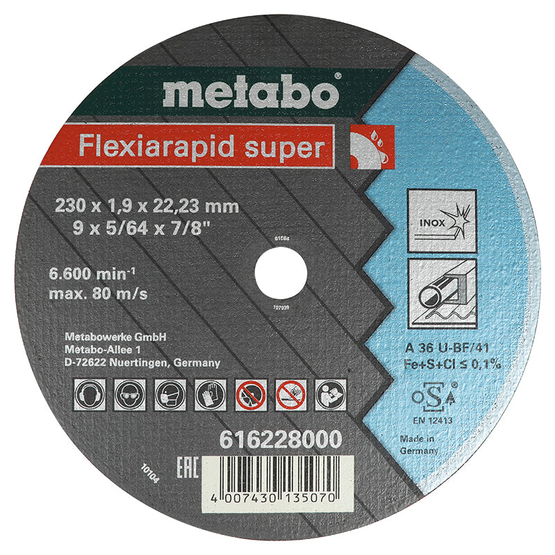 Disco de corte acero inoxidable 9" x 5/64" x 7/8" Metabo