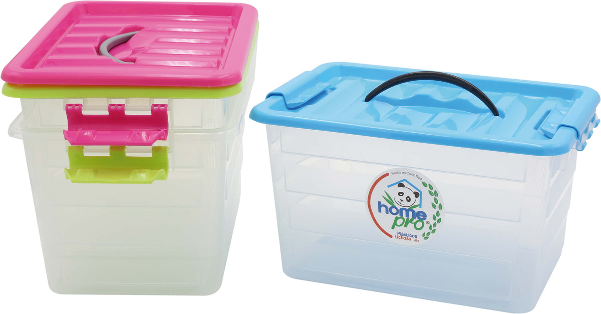 Set 3 cajas multiuso 6 litros transparente con tapa de colores variados