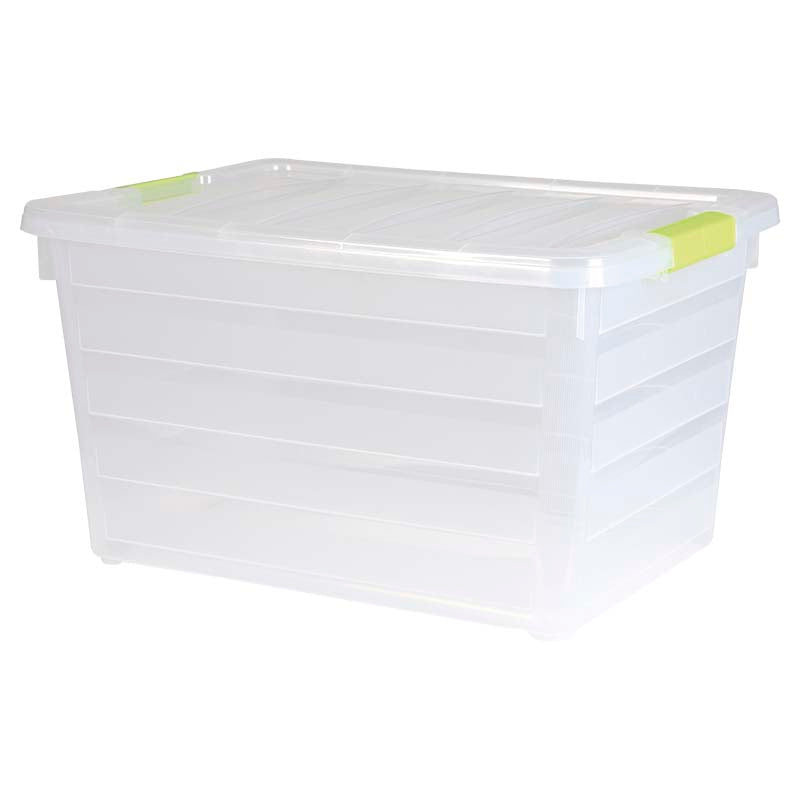 Caja organizadora 57 litros transparente con clips de cierre de colores