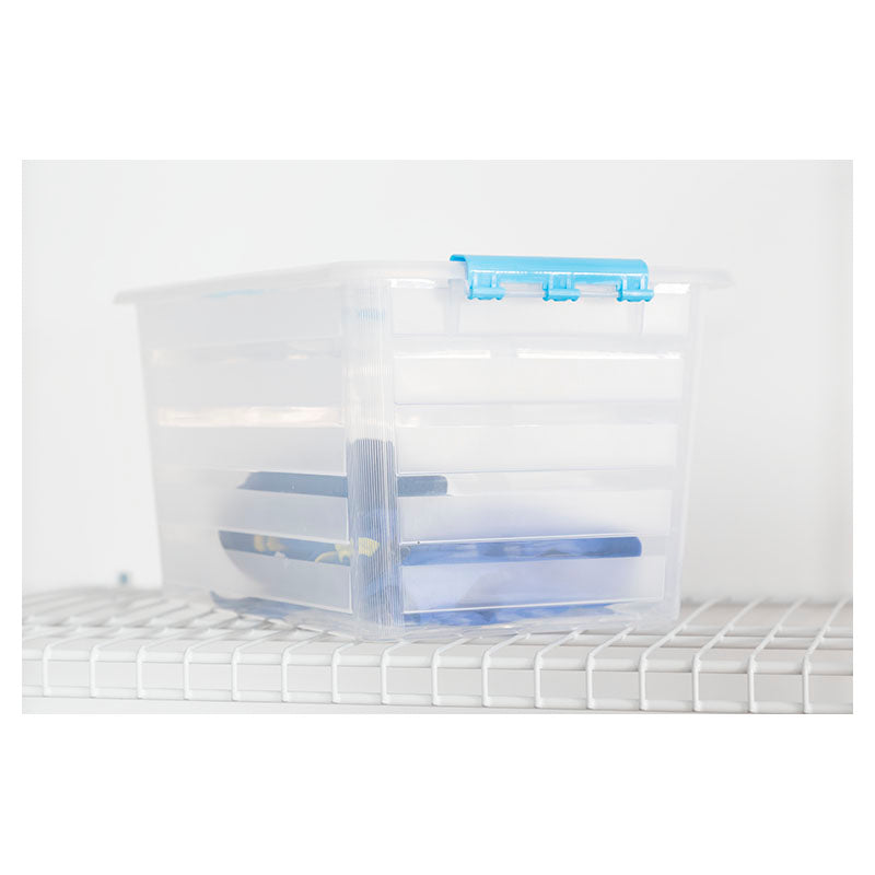 Caja organizadora 57 litros transparente con clips de cierre de colores