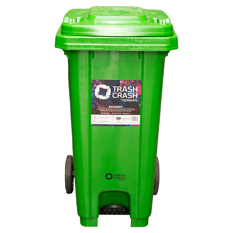 Basurero industrial plástico verde 120 litros Trash Crash by Hoggan