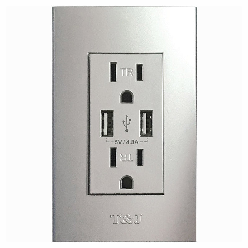 T&J armado toma doble con puerto USB plata 15 A 120 V