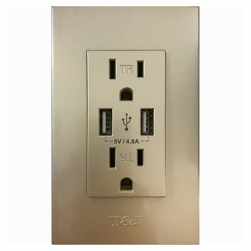 T&J armado toma doble con puerto USB champagne 15 A 120 V