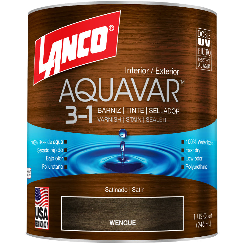 Barniz 3 en 1 base agua Aquavar wengué satinado 1/4 gal Lanco