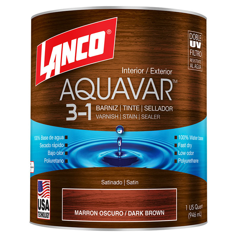 Barniz 3 en 1 base agua Aquavar marrón oscuro satinado 1/4 gal Lanco