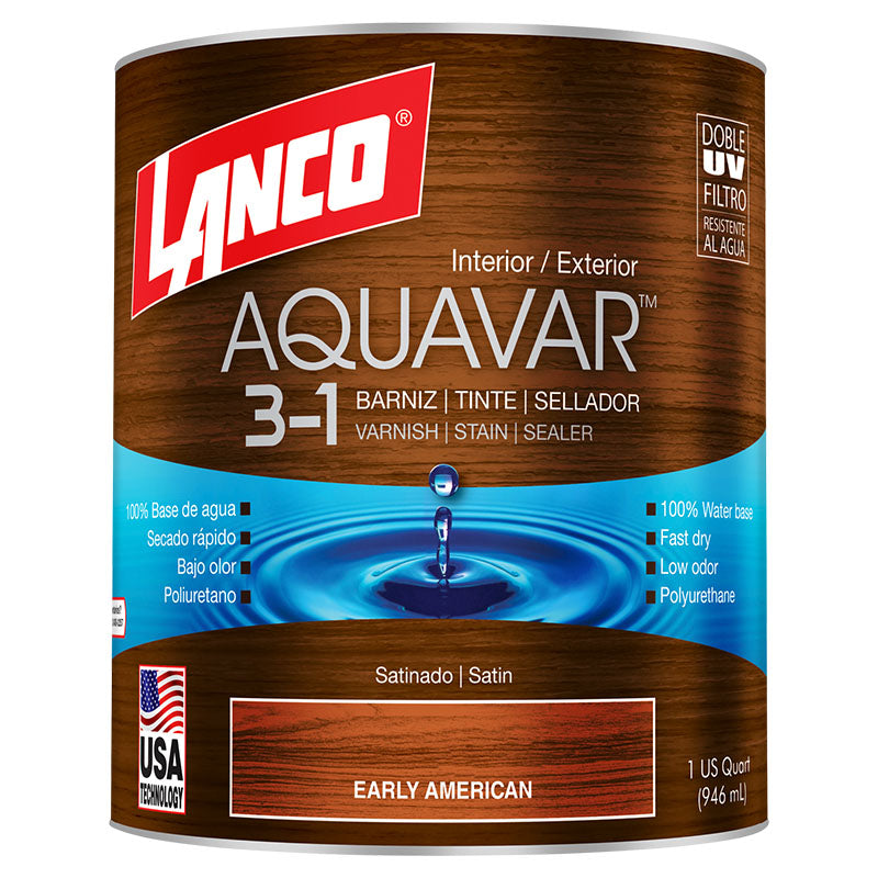 Barniz 3 en 1 base agua Aquavar early american satinado 1/4 gal Lanco
