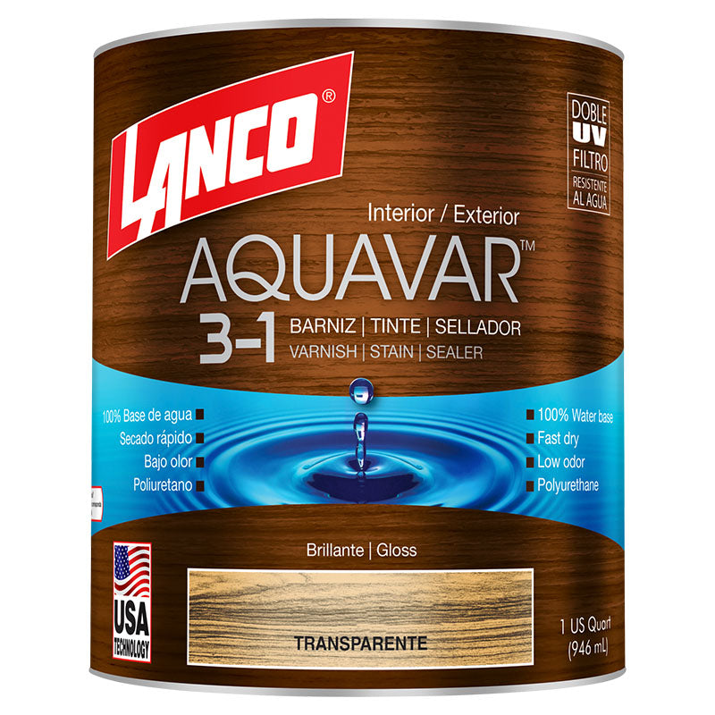 Barniz 3 en 1 base agua Aquavar transparente brillante 1/4 gal Lanco