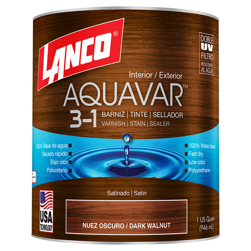 Barniz 3 en 1 base agua Aquavar nuez oscuro satinado 1/4 gal Lanco
