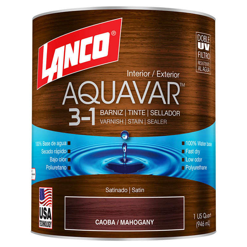 Barniz 3 en 1 base agua Aquavar caoba satinado 1/4 gal Lanco