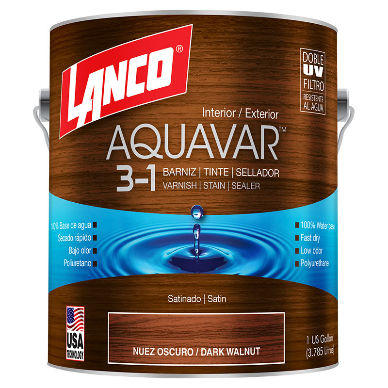 Barniz 3 en 1 base agua Aquavar nuez oscuro satinado 1 gal Lanco