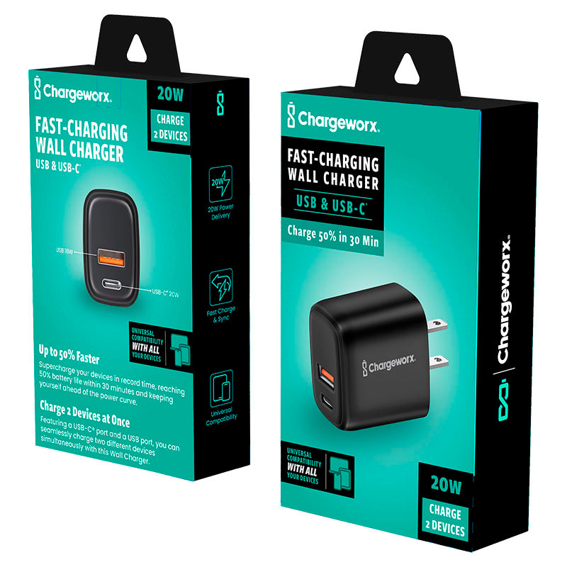 Cargador carga rápida doble puerto USB A y tipo C negro  Chargeworx