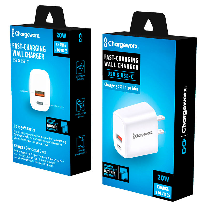 Cargador carga rápida doble puerto USB A y tipo C blanco Chargeworx