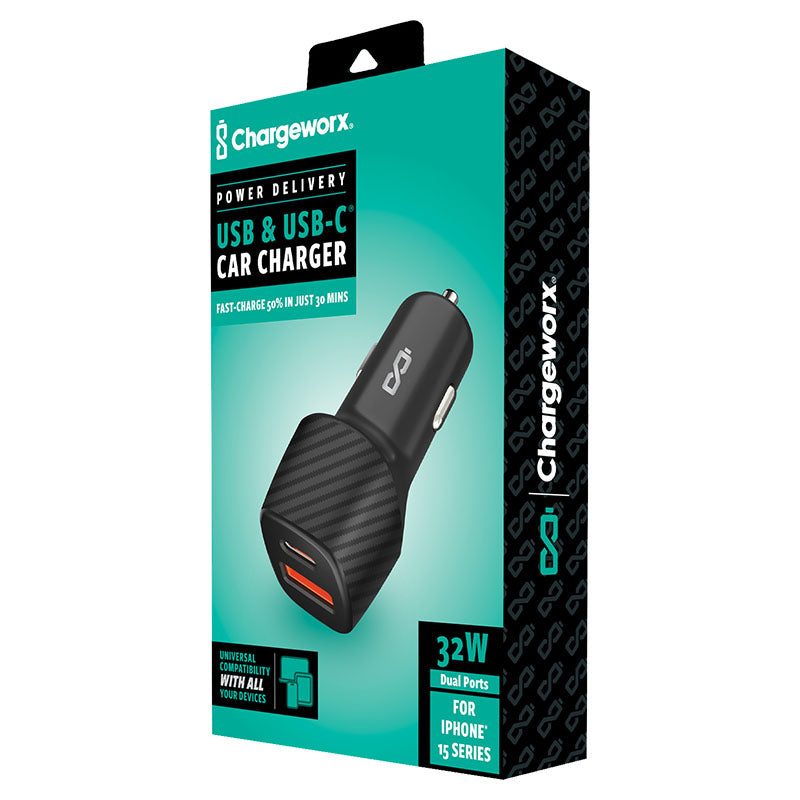 Cargador para auto carga rápida doble puerto USB A y tipo C negro Chargeworx