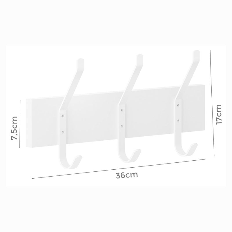 Coat rack with 3 hooks, rectangular white MDF, 36 x 17.5 cm