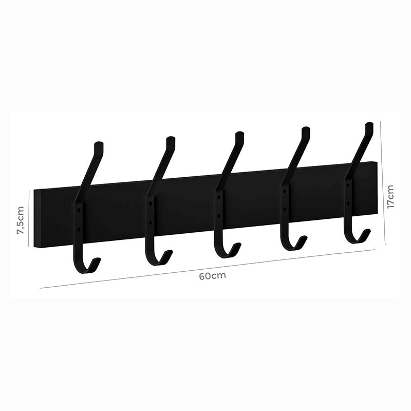 Perchero 5 ganchos MDF rectangular negro 60 x 11 cm
