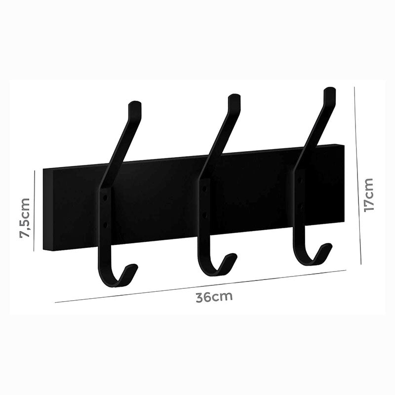 Perchero 3 ganchos MDF rectangular negro 36 x 17.5 cm