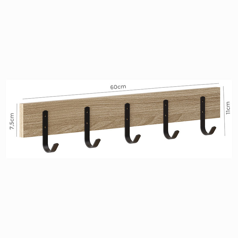 Perchero 5 ganchos MDF rectangular roble miel 60 x 11 cm