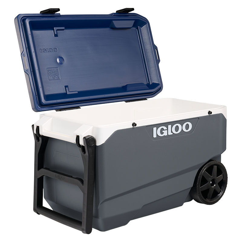 Hielera Maxcold con ruedas 90 QT 85 litros gris y azul Igloo