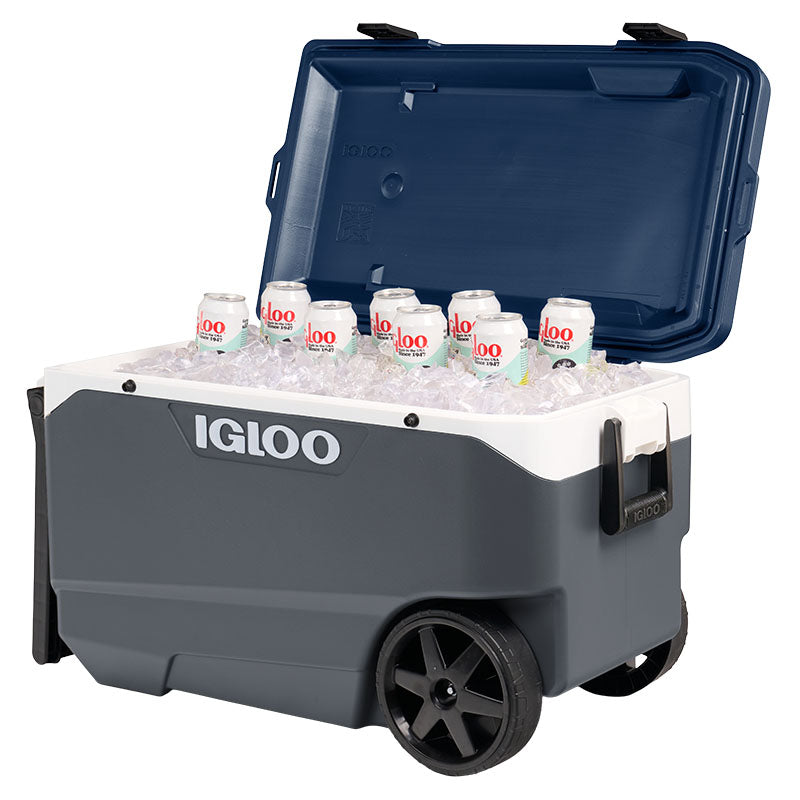 Hielera Maxcold con ruedas 90 QT 85 litros gris y azul Igloo