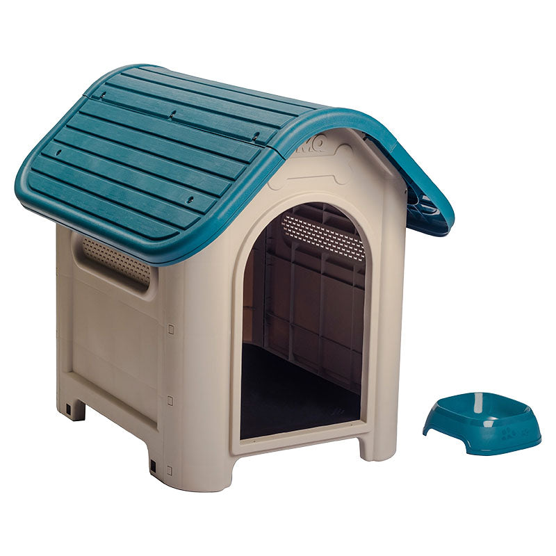 Plastic dog house for small and medium dogs, beige with turquoise, 66 x 60 x 75 cm