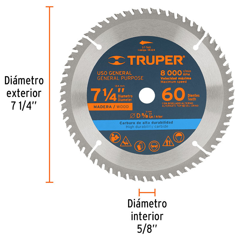 Disco corte rápido para sierra circular 7 1/4" 60 dientes hoja carburo Truper